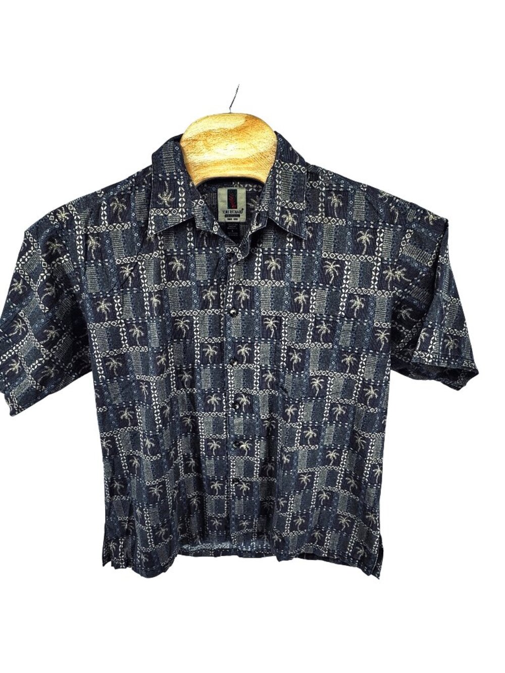Tori Richard Honolulu Mens L Hawaiian Aloha Shirt With Geometric Palm Print Blue